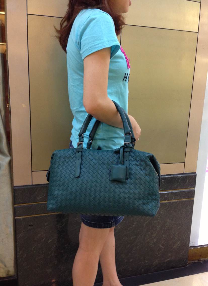 BV女包代购 宝缇嘉 进口羊皮编织包 7565小箱包 蓝绿色 女士手提包